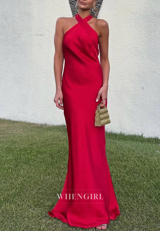 Red Halter Cut Out Back Sleeveless Sheath Floor Length Formal Evening Dress