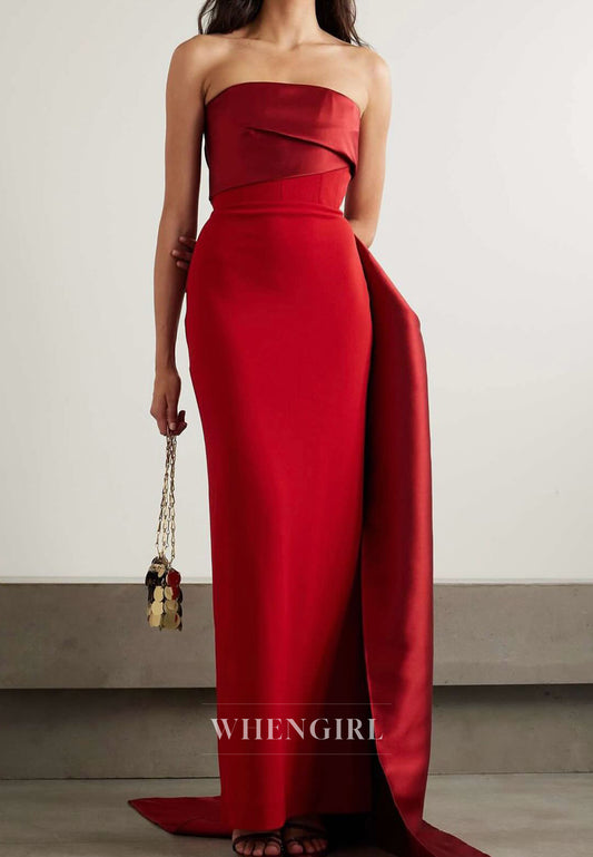 Red Tube Top Sleeveless Pleated Sheath Long Evening Dress with Side Train