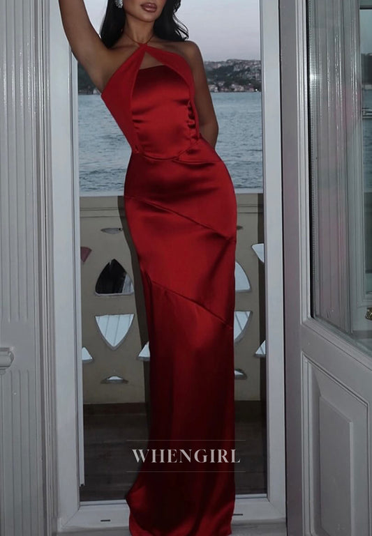 Burgundy Cross Neck Sleeveless Back Zipper Satin Evening Dress