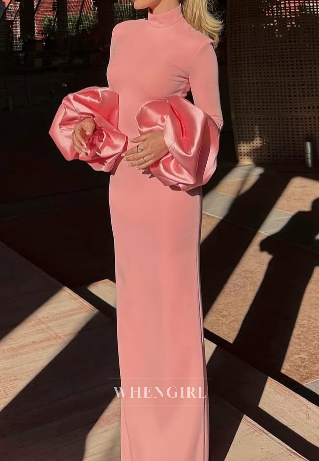 Pink High Neck Long Sleeves Sheath Back Zipper Formal Evening Dress
