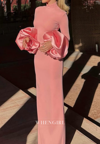 Pink High Neck Long Sleeves Sheath Back Zipper Formal Evening Dress