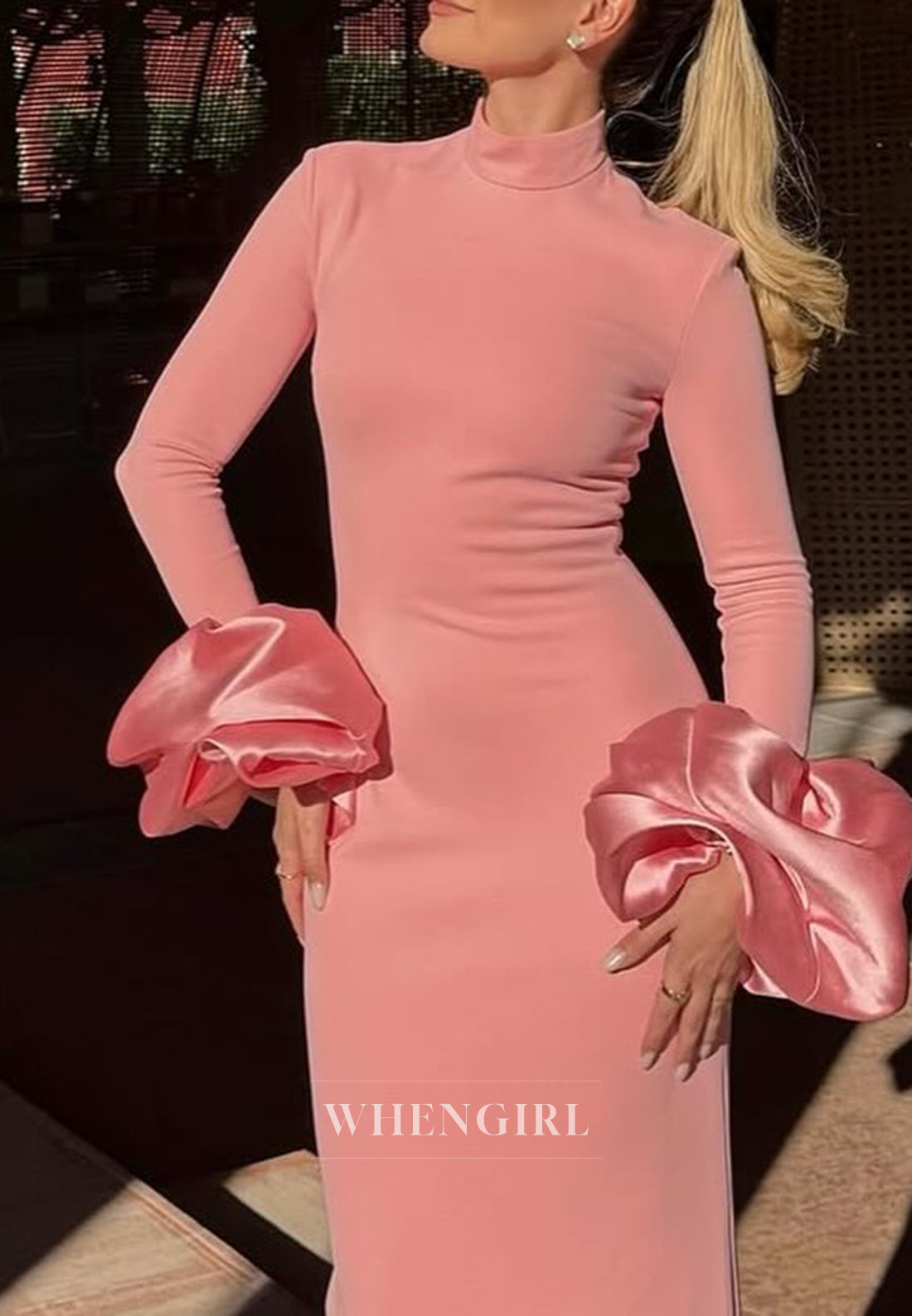Pink High Neck Long Sleeves Sheath Back Zipper Formal Evening Dress