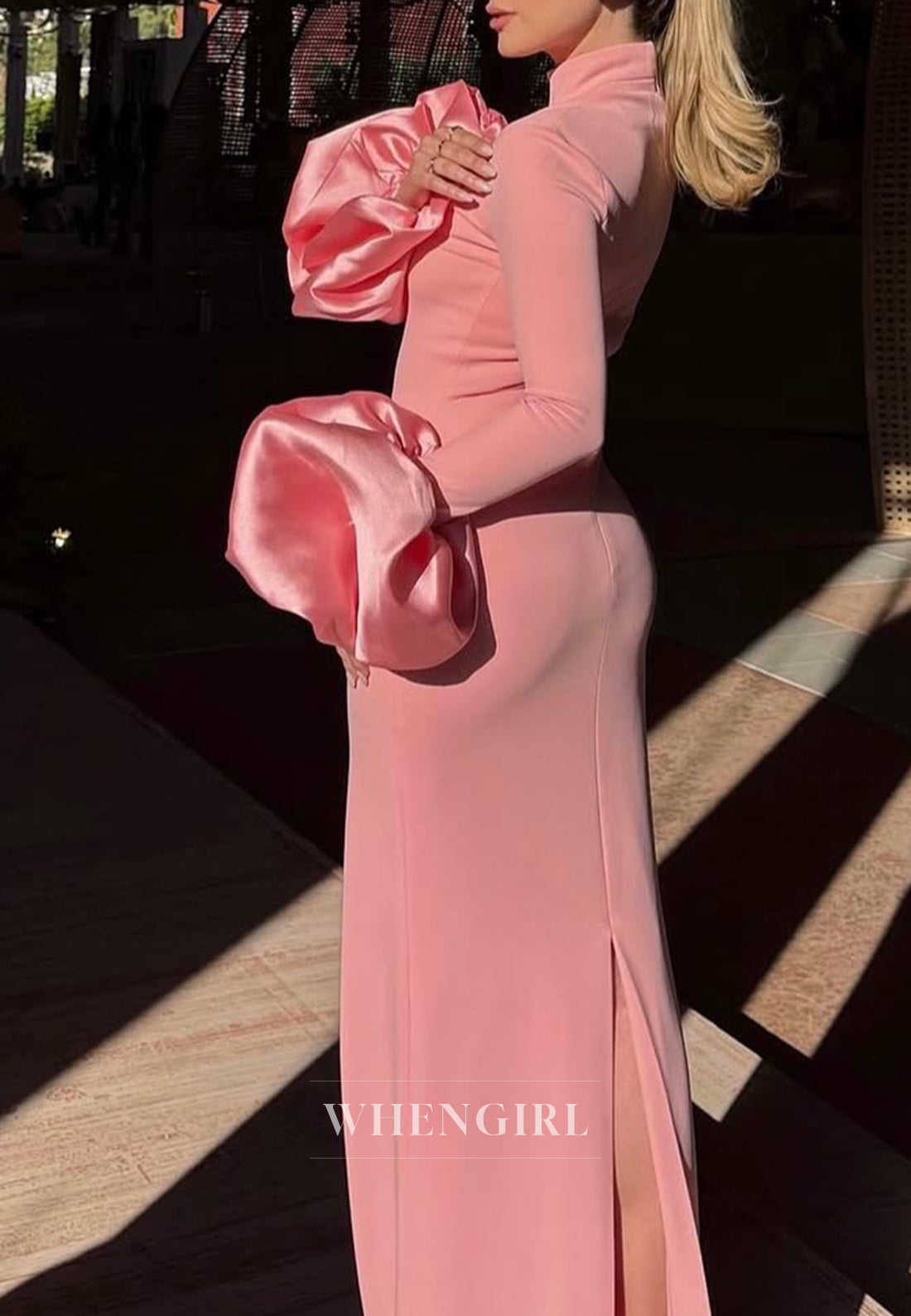 Pink High Neck Long Sleeves Sheath Back Zipper Formal Evening Dress