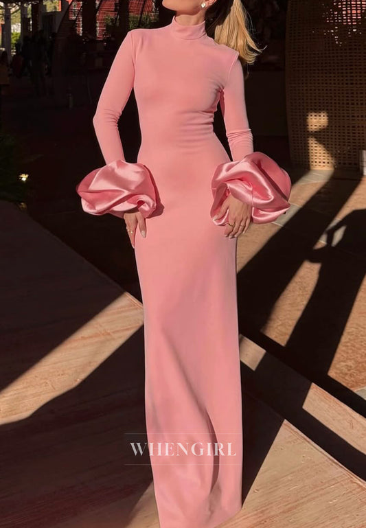 Pink High Neck Long Sleeves Sheath Back Zipper Formal Evening Dress