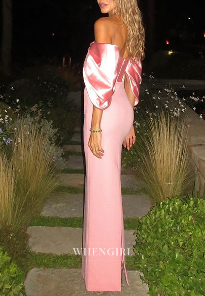 Pink Off Shoulder Pleated Sheath Short Sleeves Evening Formal Dress