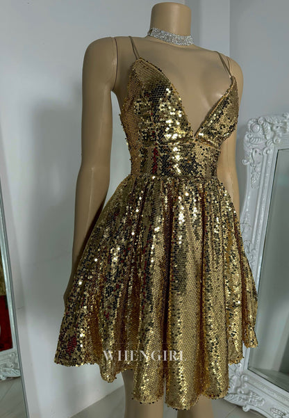 Gold V Neck Spaghetti Straps A-Line Sleeveless Cross Back Sequins Short Homecoming Dress