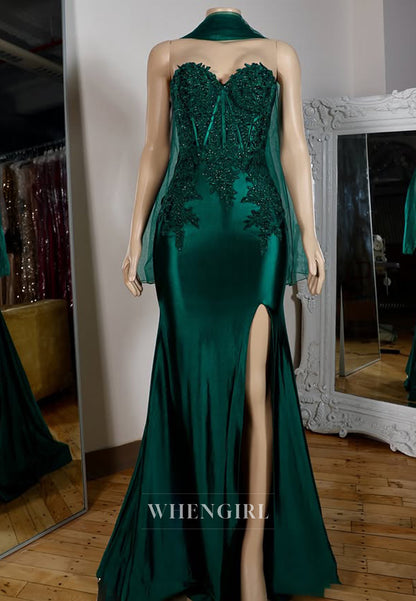 Graceful Sweetheart Sleeveless High Slit Mermaid Beaded Stin Prom Party Gown with Appliques