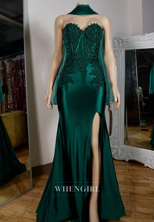 Graceful Sweetheart Sleeveless High Slit Mermaid Beaded Stin Prom Party Gown with Appliques