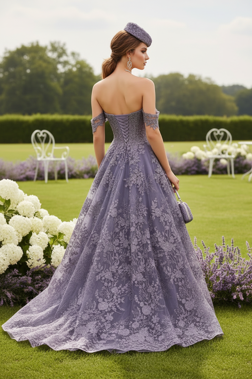 Purple Off Shoulder Lace A-Line Formal Dress with Court  Train