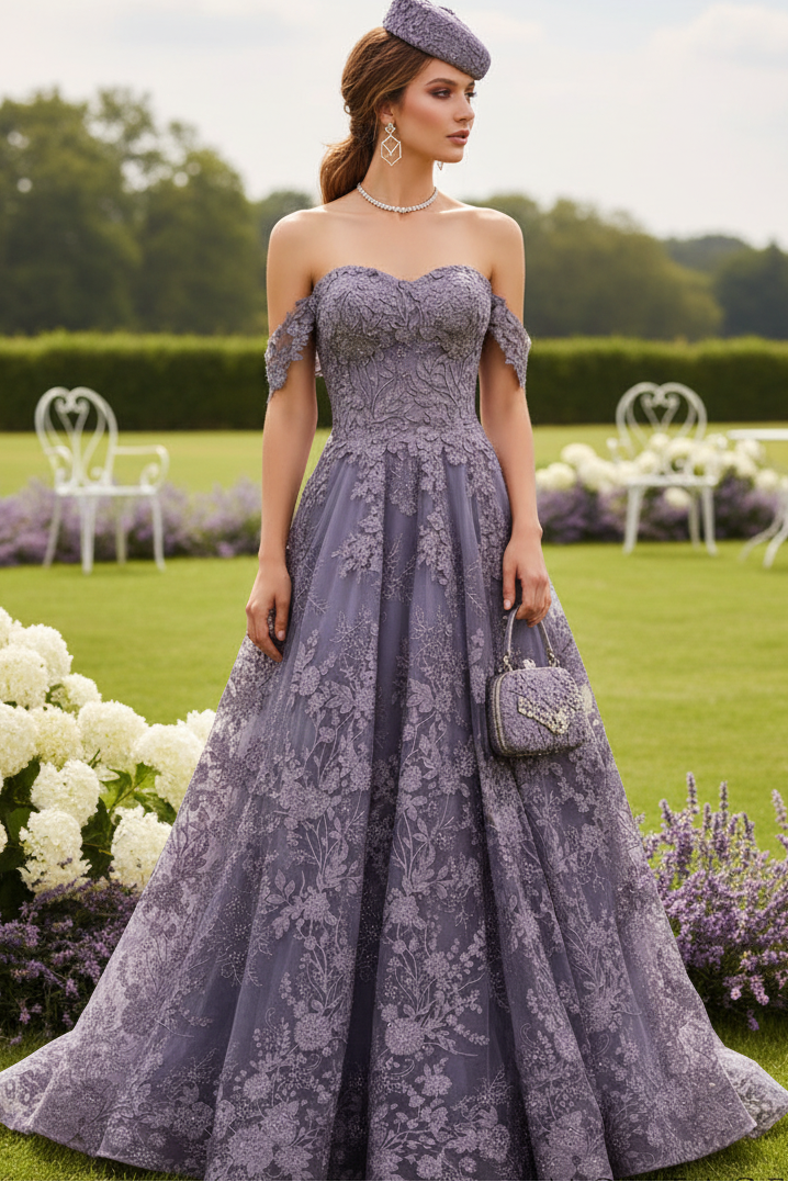 Purple Off Shoulder Lace A-Line Formal Dress with Court  Train