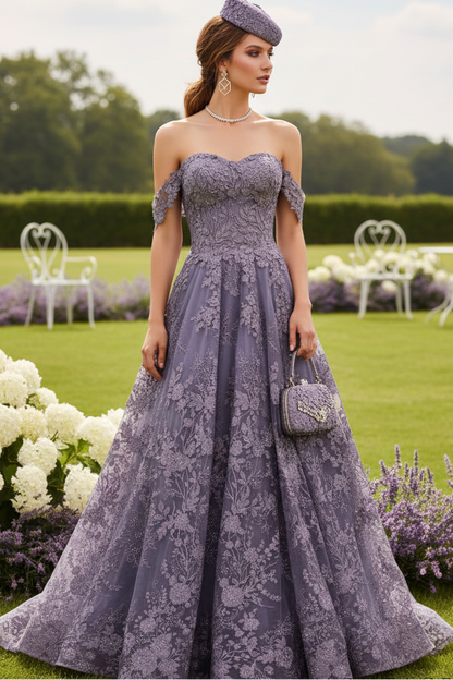 Purple Off Shoulder Lace A-Line Formal Dress with Court  Train