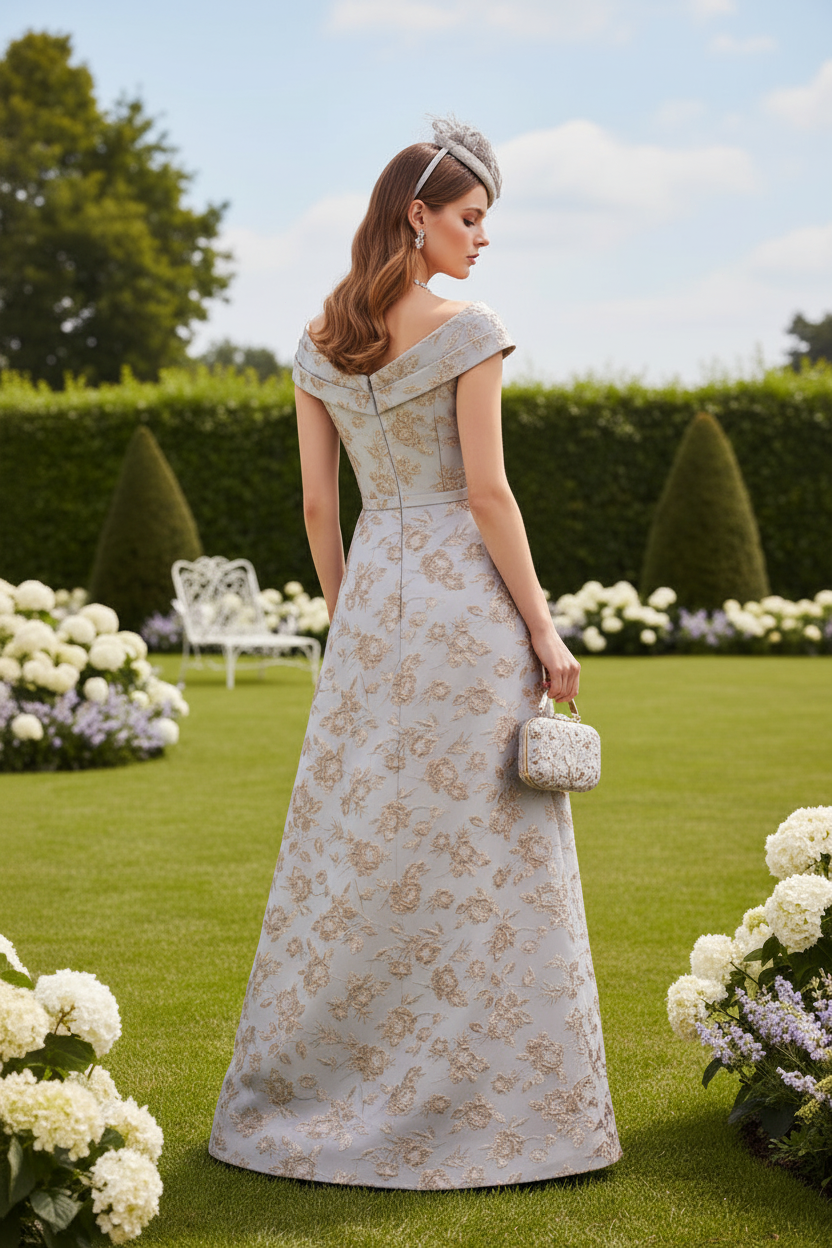 V Neck Floral Cap Sleeves Column Mother of the Bride Dress