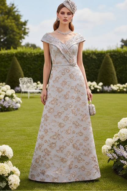 V Neck Floral Cap Sleeves Column Mother of the Bride Dress