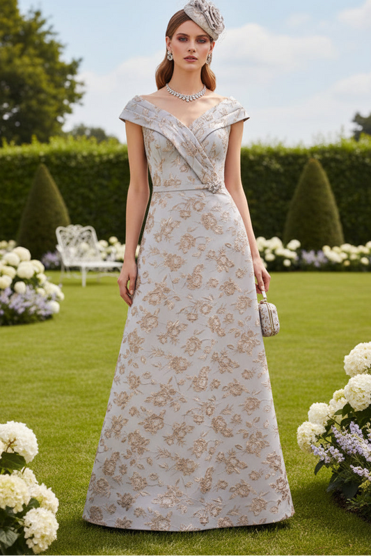 V Neck Floral Cap Sleeves Column Mother of the Bride Dress
