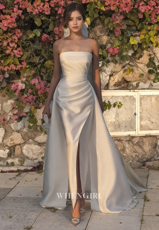 Sheath Strapless Sleeveless Pleated Satin Wedding Dress with High Side Slit and Train (without Veil)