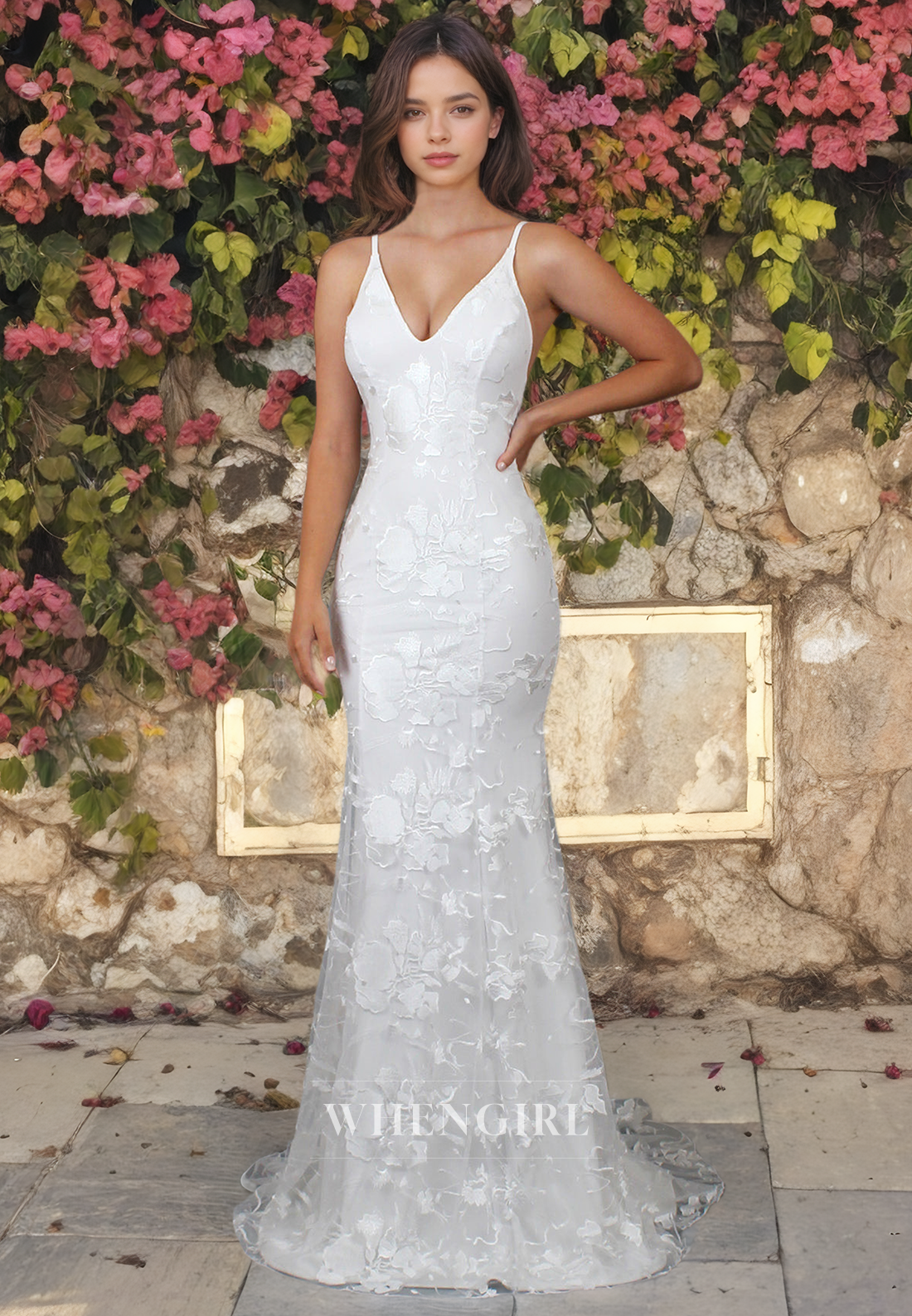 Mermaid V Neck Straps Sleeveless Open Back Fully Lace Wedding Dress with Train