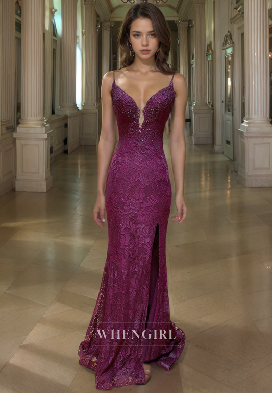 Sheath Strapless Straps Sleeveless Fully Lace Criss Cross Straps Prom Dress with Slit