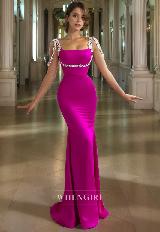 Sheath Square Straps Sleeveless Beaded Back Zipper Long Prom Dress