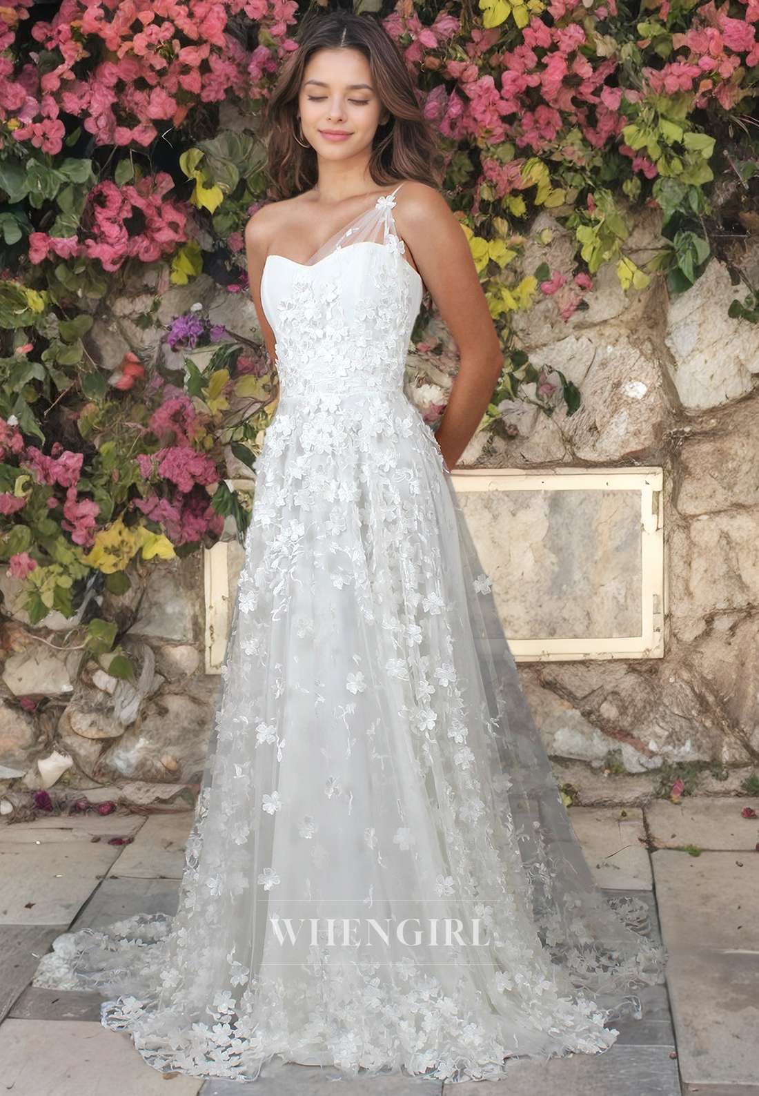 A-Line One Shoulder Sleeveless Fully Lace BackZipper Wedding Dress with Train (without Veil)