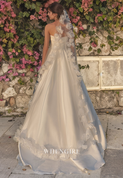 Sheath Strapless Sleeveless Pleated Satin Wedding Dress with High Side Slit and Train (without Veil)
