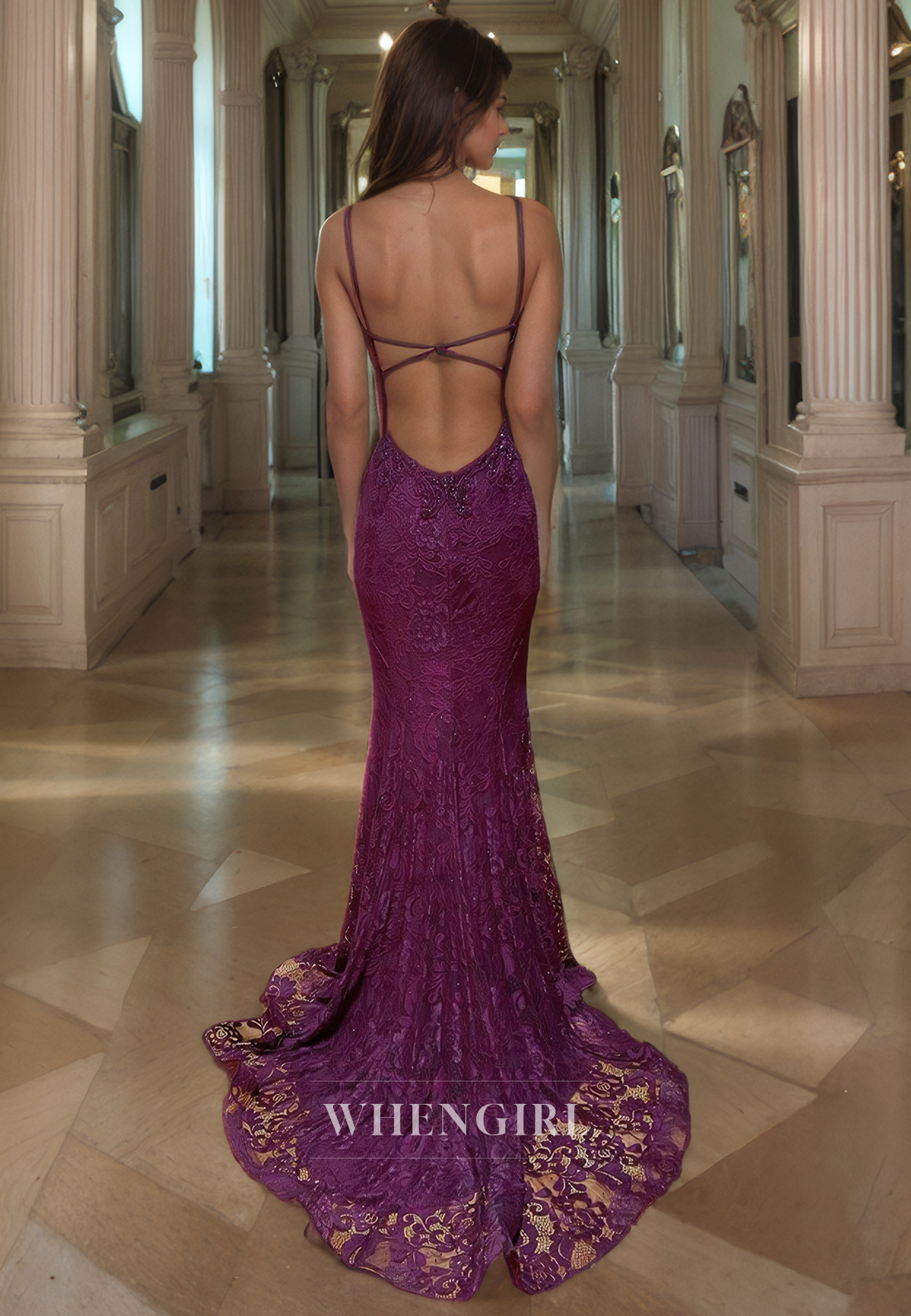 Sheath Strapless Straps Sleeveless Fully Lace Criss Cross Straps Prom Dress with Slit