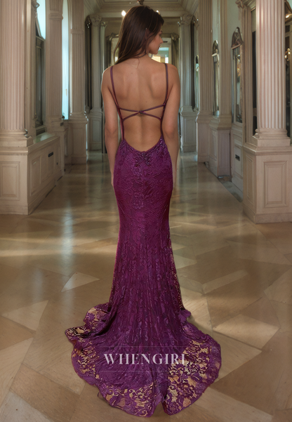 Sheath Strapless Straps Sleeveless Fully Lace Criss Cross Straps Prom Dress with Slit