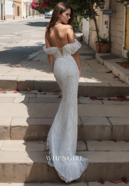 Mermaid Off Shoulder Sleeveless Fully Sequins Criss Cross Straps Wedding Dress with Train