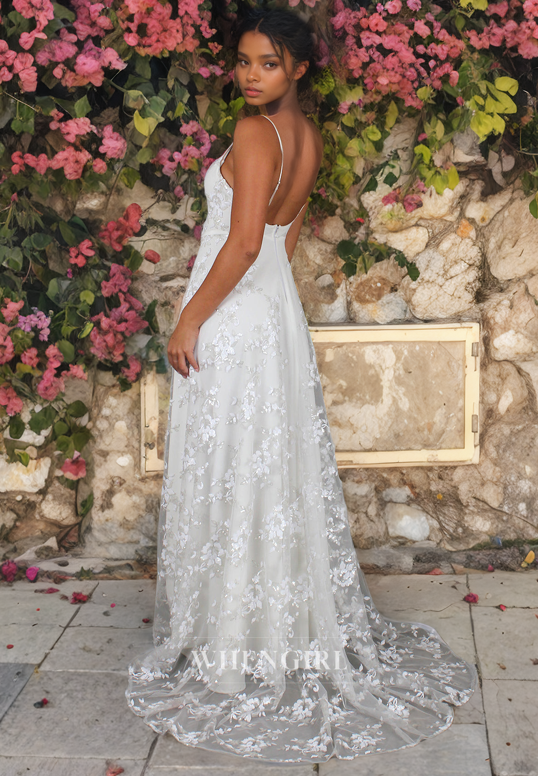 A-Line V Neck Straps Sleeveless Open Back Fully Lace Wedding Dress with High Side Slit and Train (without Veil)