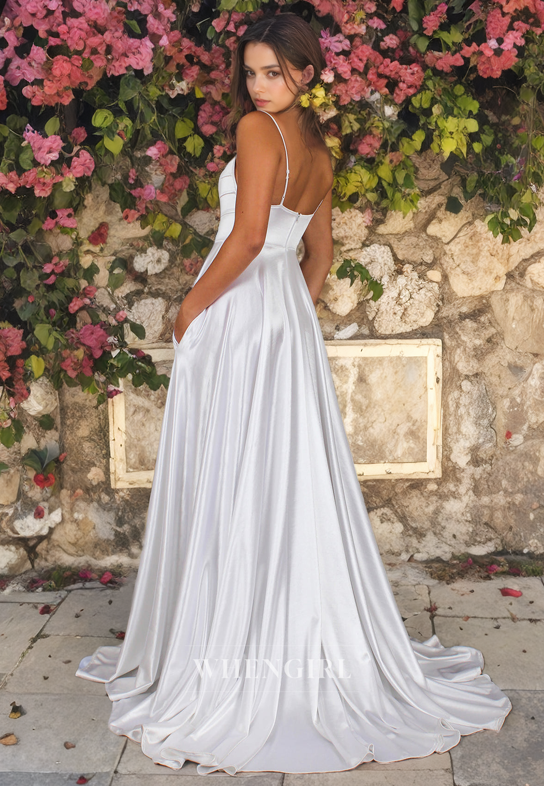 A-Line Strapless Straps Sleeveless Back Zipper Satin Wedding Dress with High Side Slit and Train