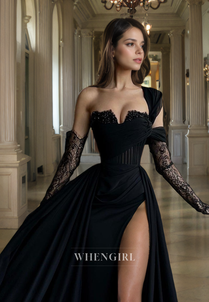 A-Line One Shoulder Strapless Sleeveless Long Prom Dress with High Side Slit