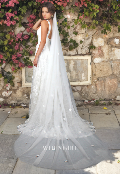 A-Line V Neck Straps Sleeveless Open Back Fuly Lace Wedding Dress with High Side Slit and Train (without Veil)