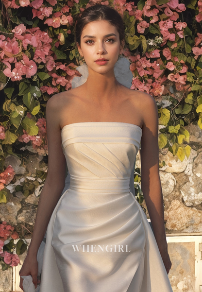 Sheath Strapless Sleeveless Pleated Satin Wedding Dress with High Side Slit and Train (without Veil)