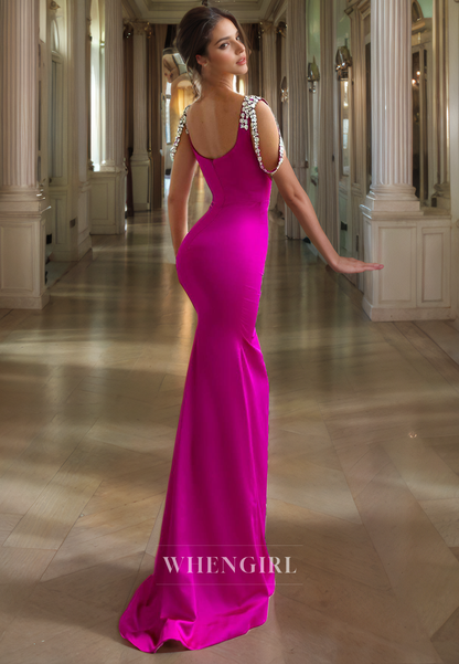 Sheath Square Straps Sleeveless Beaded Back Zipper Long Prom Dress
