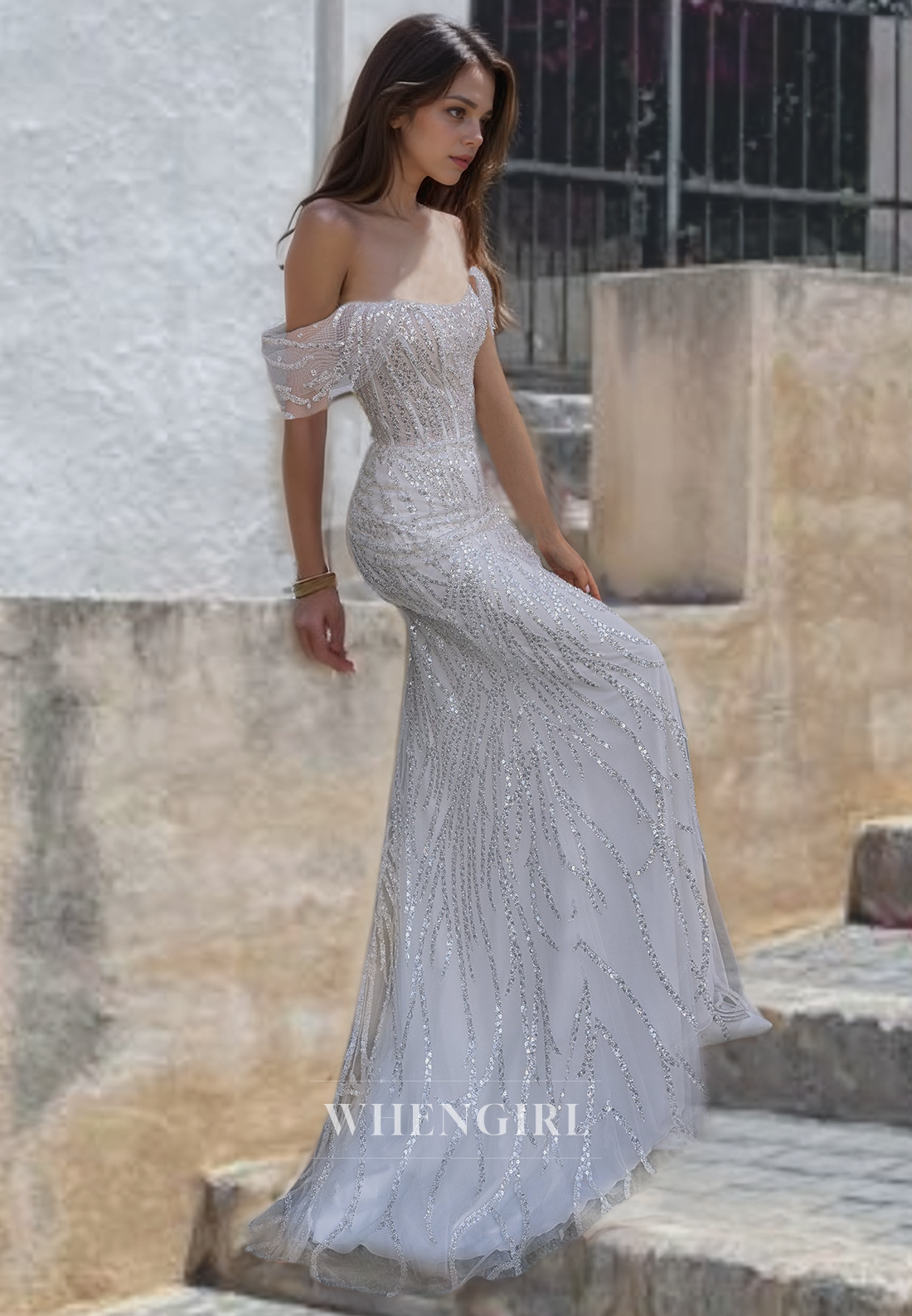 Mermaid Off Shoulder Sleeveless Fully Sequins Criss Cross Straps Wedding Dress with Train