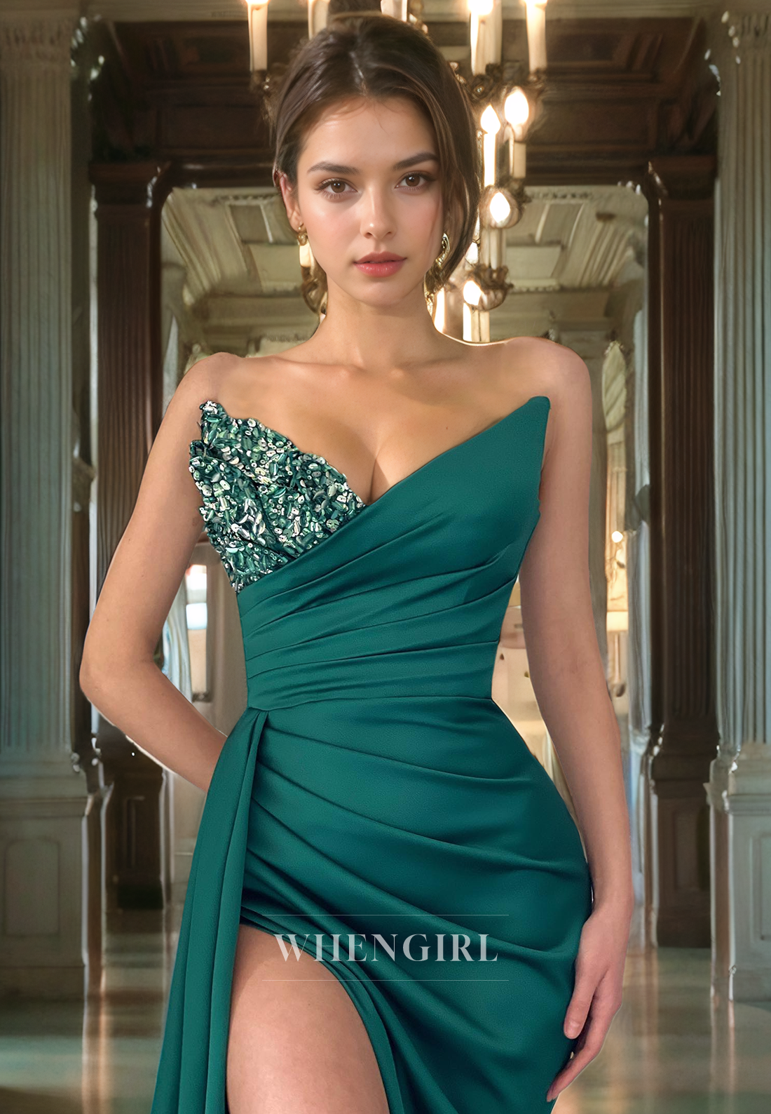 Sheath V Neck Sleeveless Beaded Pleated Long Prom Dress with High Side Slit