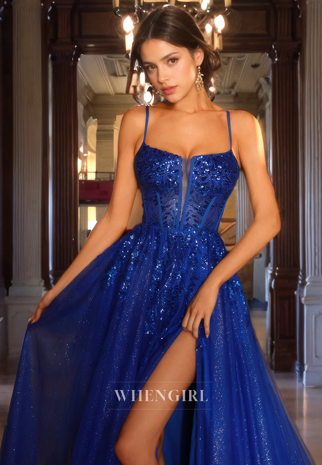 Glitter A-Line Strapless Straps Sleeveless Illsion Open Back Long Prom Dress with High Side Slit