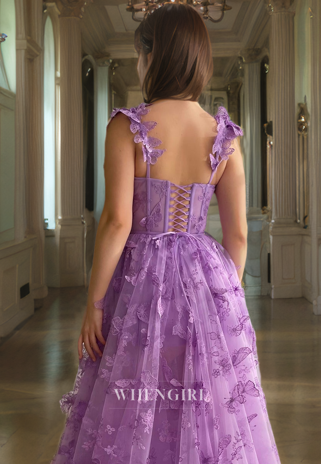 A-Line Strapless Straps Sleeveless 3D Butterfly Tulle Long Prom Dress with High Side Slit