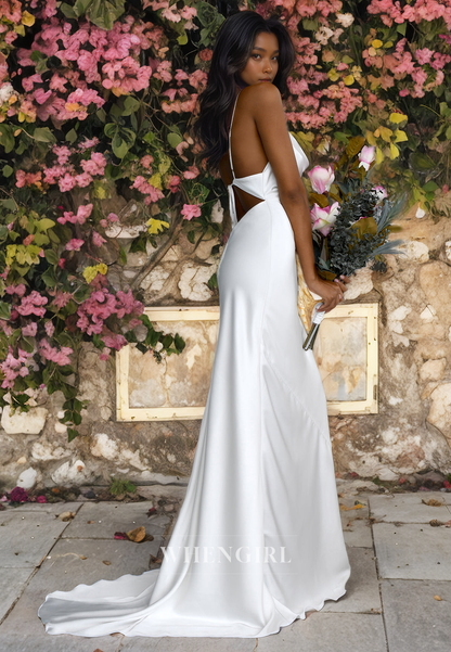 Sheath Strapless Straps Sleeveless Open Back Long Wedding Dress with Train