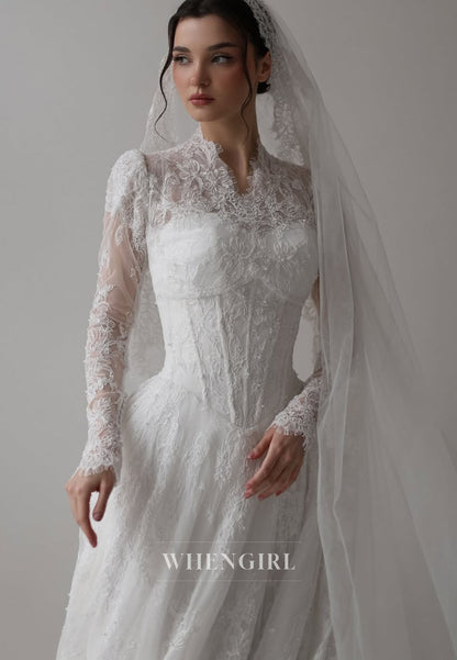 A-Line Long Sleeves Lace V Neck Wedding Dress