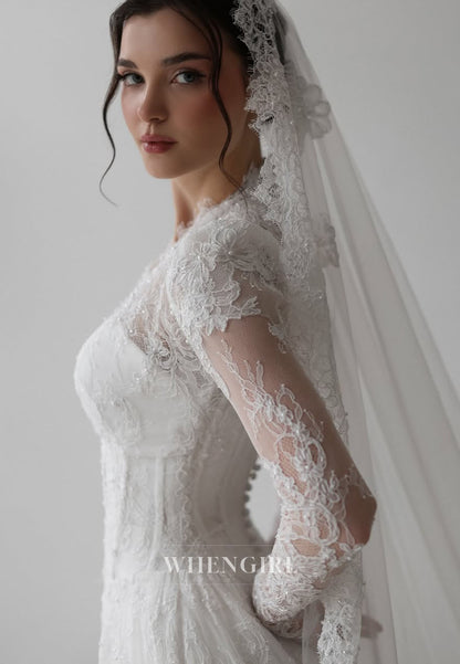 A-Line Long Sleeves Lace V Neck Wedding Dress
