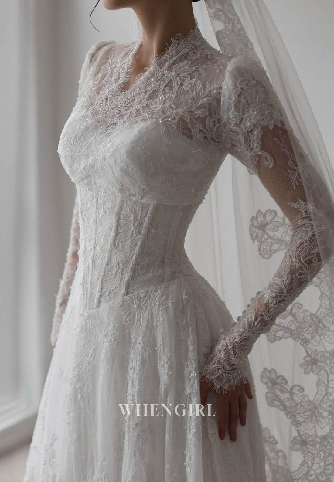 A-Line Long Sleeves Lace V Neck Wedding Dress