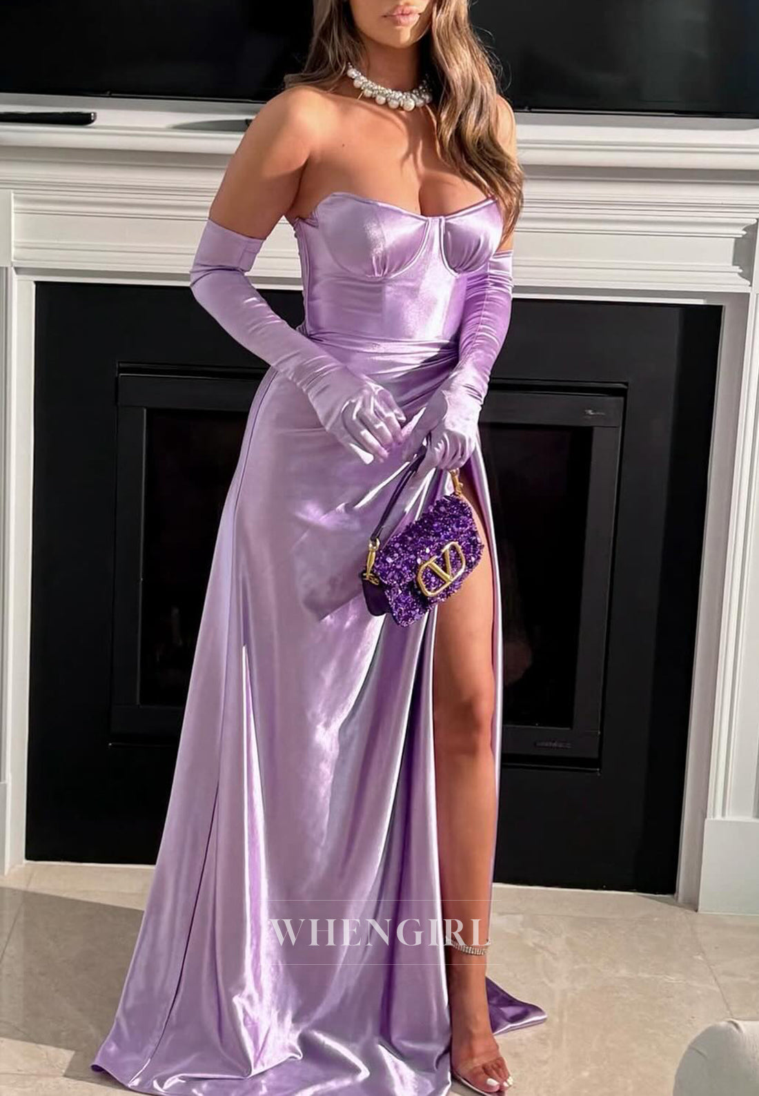 Tahiti Strapless Formal Dress Side Slit Pleated Long Evening Dress with Velvet Gloves