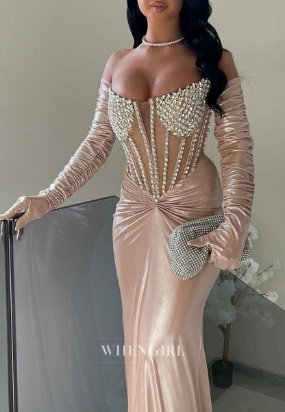 Champagne Strapless Beaded Bateau Neck Formal Gown Long Gloves Strapless Sheath Evening Dress