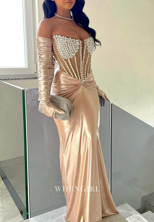 Champagne Strapless Beaded Bateau Neck Formal Gown Long Gloves Strapless Sheath Evening Dress