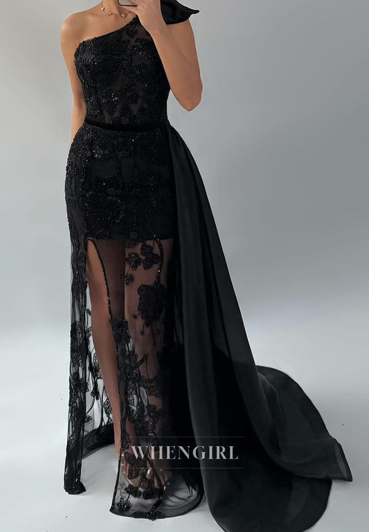 Black Sheath One Shoulder Sleeveless Side Slit Sweep Train Formal Evening Dress
