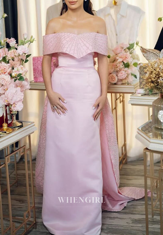 Pale Blush Off Shoulder Satin Beaded Column Sweep Train Formal Evening Dress