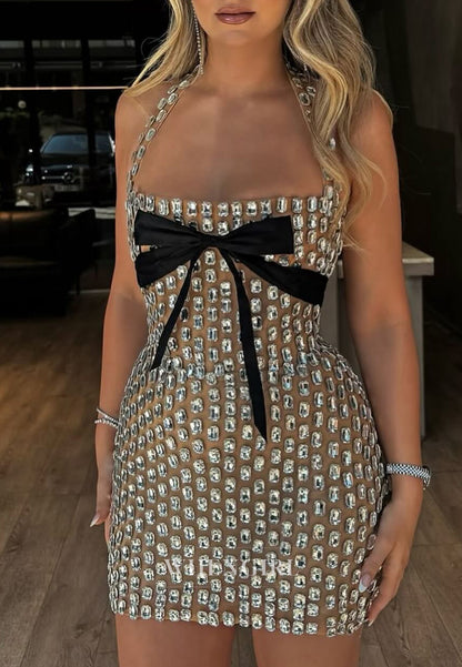 Sheath Halter Beaded Bowknot Sleeveless Short Homecoming Dress