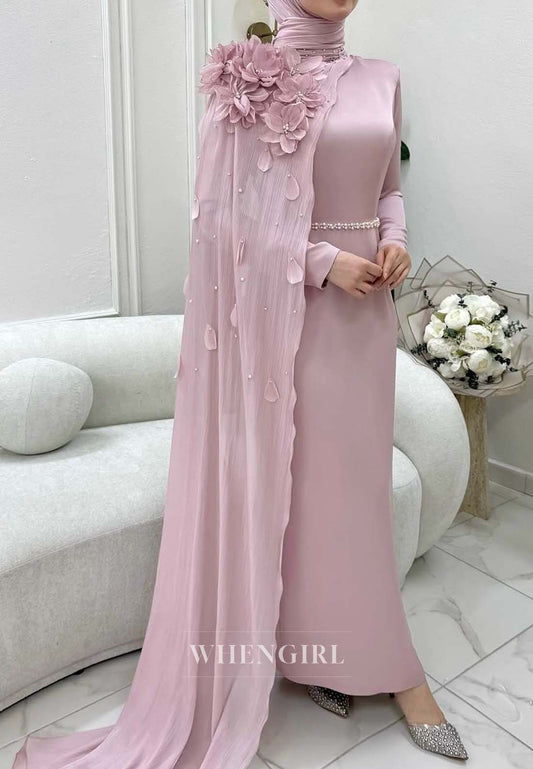 Pale Blush High Neck Long Sleeves Column Evening Dress Pearl Beaded 3D Flowers Formal Dress