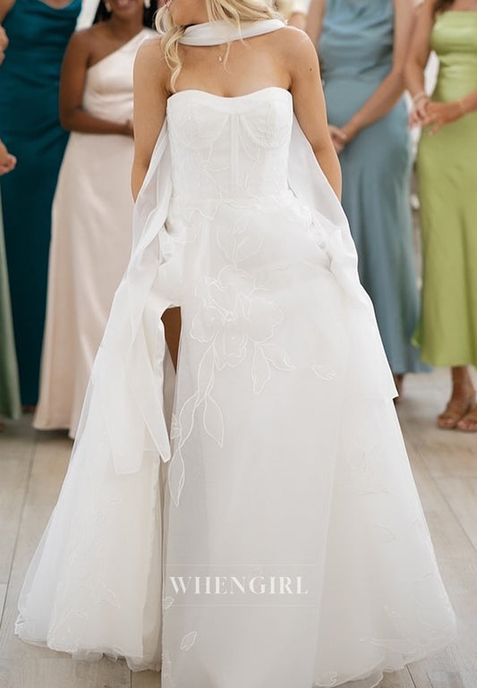 A-Line Sweetheart Sleeveless Side Slit Sweep Train Embroidery Wedding Dress