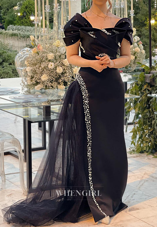 Black Beaded Cap Sleeves Pleated Formal Dress Sweep Train Sheath Evening Dress